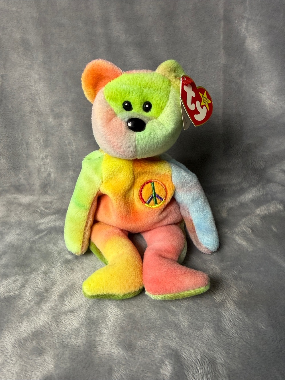 Ty Multicolor Tie-Dye Peace Bear Plush - Green, Yellow, Orange, Pink, Blue